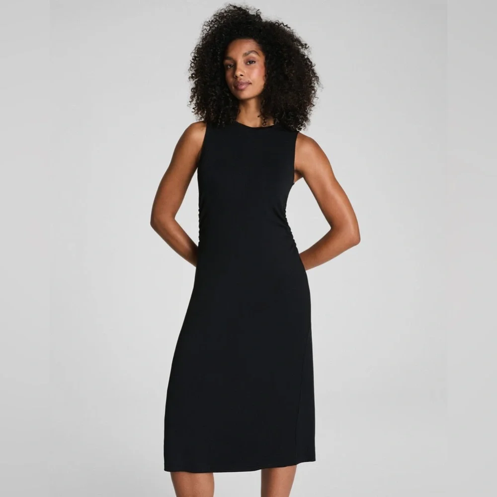 SPANX Sleek Jersey Crewneck Ruched Midi Dress Black